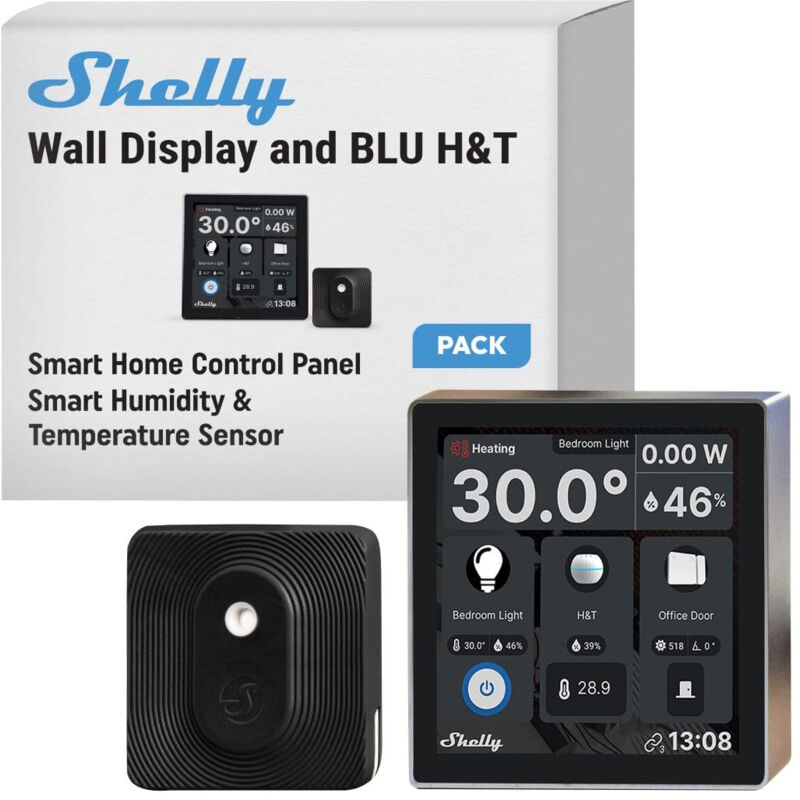 Shelly - wall display noir + blu h&t noir (bundle), kit domotique wi-fi & bluetooth, panneau de contrôle, capteur de température e