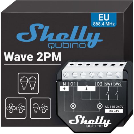 Shelly Wave 2PM, Z-Wave Interruttore Intelligente Relé - 2 Canali, 16А, Monitora il Consumo di Energia, Controllo Remoto e Automazione, Illuminazione, Hub Z-Wave Richiesto, SmartStart