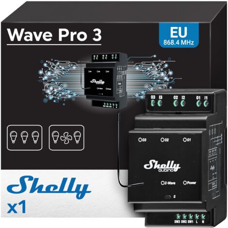 Shelly Wave Pro 3, Interruttore a relè Z-Wave 800, 3 canali, 16A per canale, Contatti Puliti, Guida DIN, SmartStart, Gamma wireless estesa, Nero