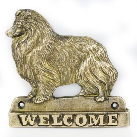 Sheltie - un cartello per porta con un cane, una targa di benvenuto in ottone, un cartello unico con la parola Welcome di Art-Dog