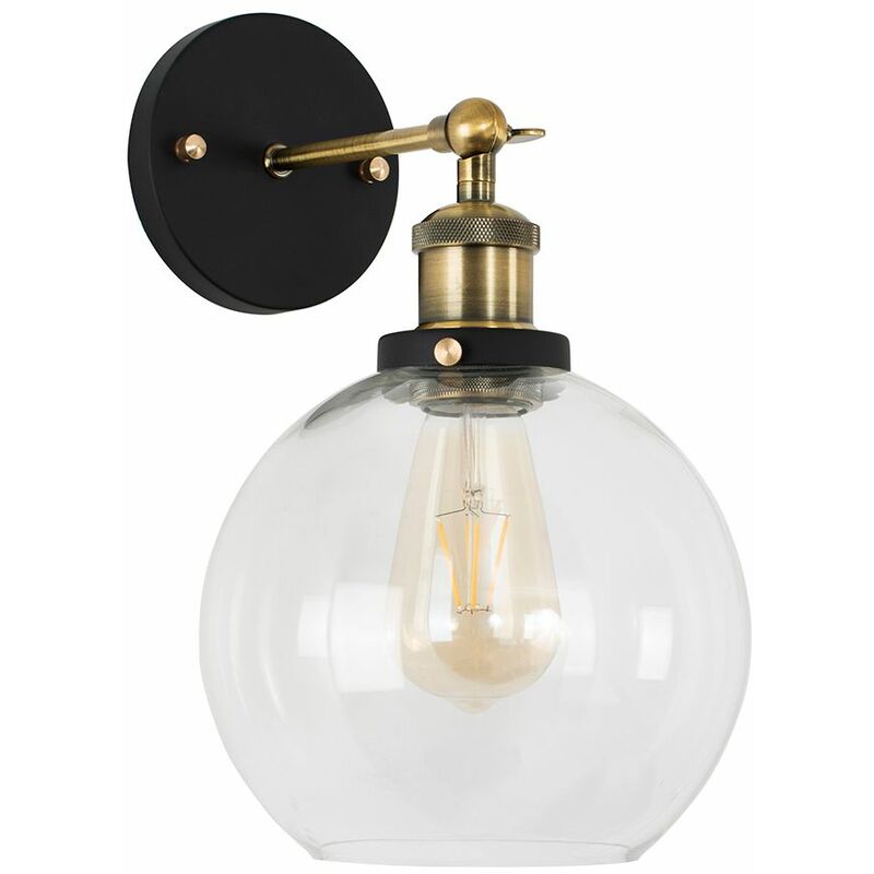 Minisun - Industrial Black & Gold Wall Light + An Amber Clear Glass Globe Shade - No Bulb