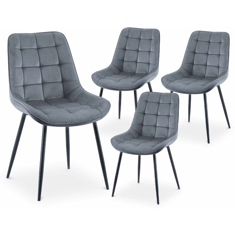 sherley - lot de 4 chaises capitonnées en velours gris pieds en métal noir