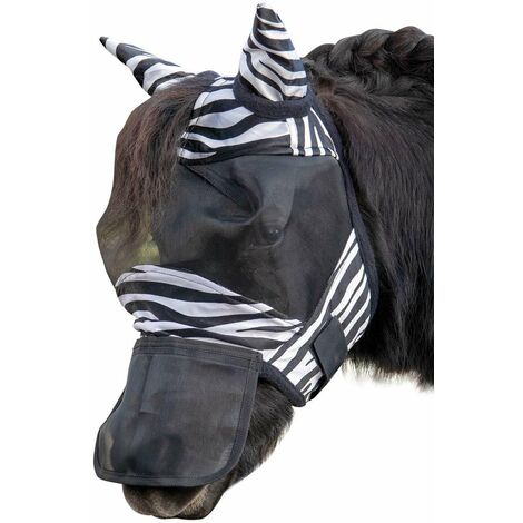Shetty, Noir et blanc 9112: Masque anti-mouches Zebra taille Shetty pour chevaux avec muserolle détachable