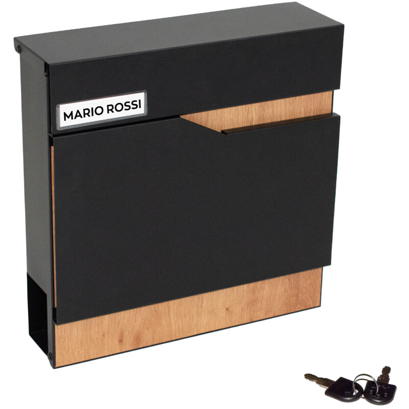 Shima - Boîte aux lettres 37x37x11 cm avec archives de magazines en acier noir et contreplaqué