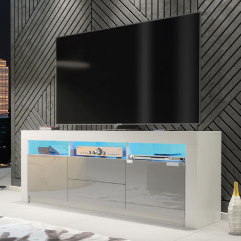 Shine TV Unit 160cm - White with Grey Gloss Doors & LED