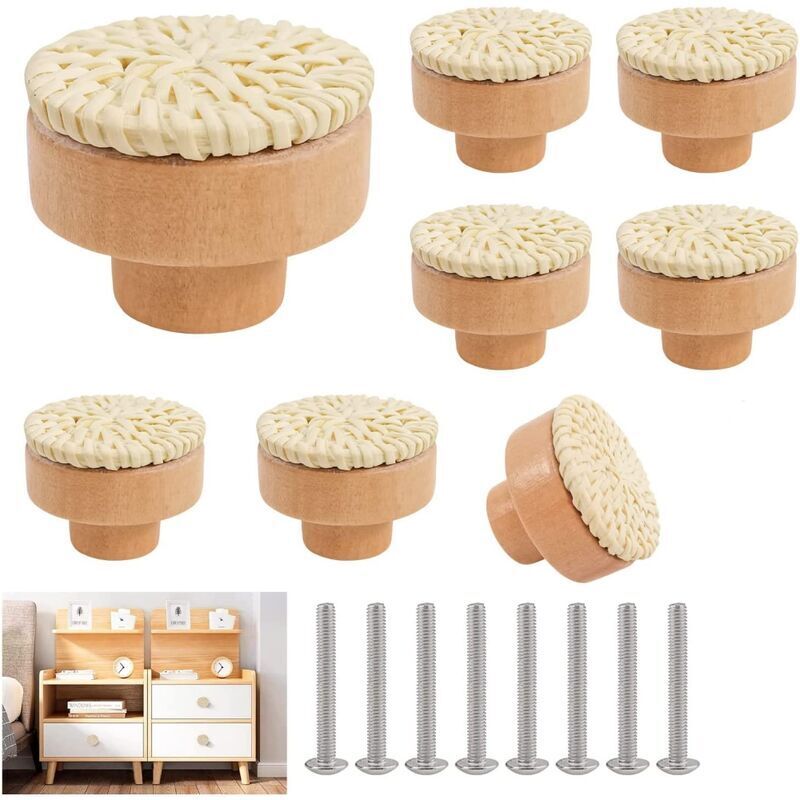 Shining House - 8 Pièces Boutons de Meuble en Rotin Bois Poignées de Tiroir Ronds Blanc pour Placards Armoire Commode avec Vis