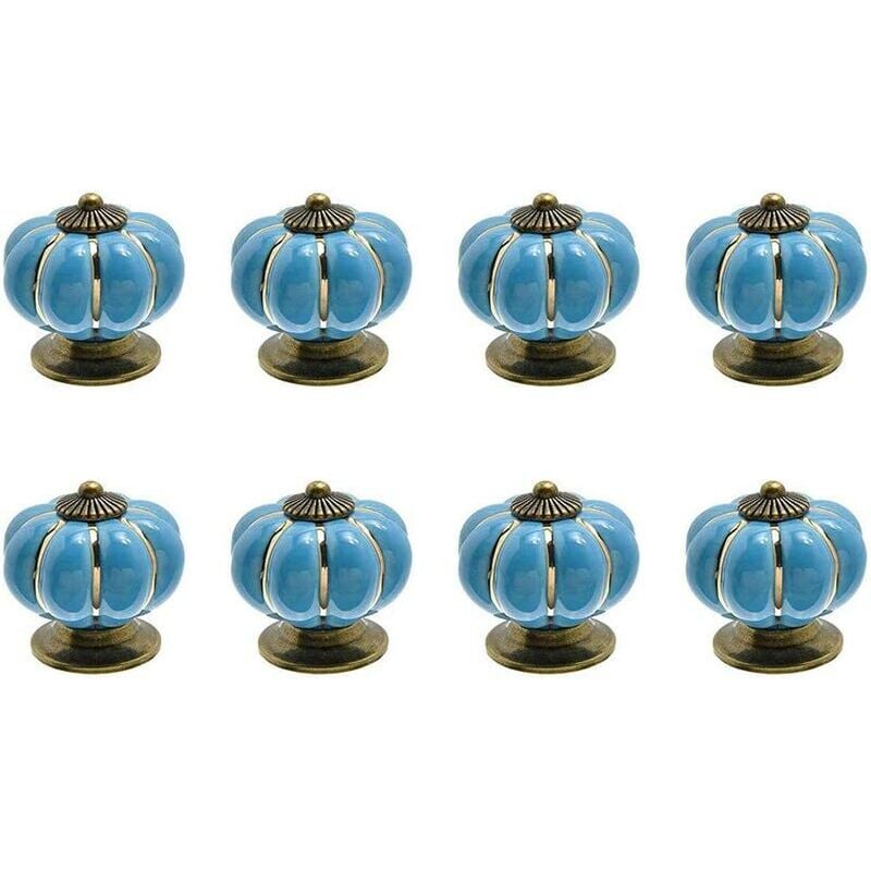 8 x Boutons de tiroir en céramique bouton de meuble forme citrouille pour tiroirs et placards de cuisine (Bleu) - light blue