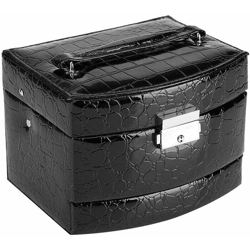 Boîte à Bijoux Coffret Pésentoirs en Cuir 3 Plateaux Tiroirs Intérieur Velouté 5 Couleurs Verrouillable à Clé Miroir Accessoires(Black)