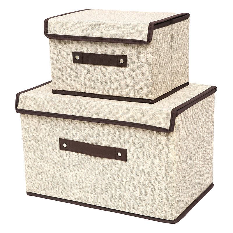 Boîte de Rangement avec Couvercle Tissu, Caisse de Rangement Pliable pour Étagère, Armoire, Vêtemente, Jouet, Bureau - Lot de 3 - Beige