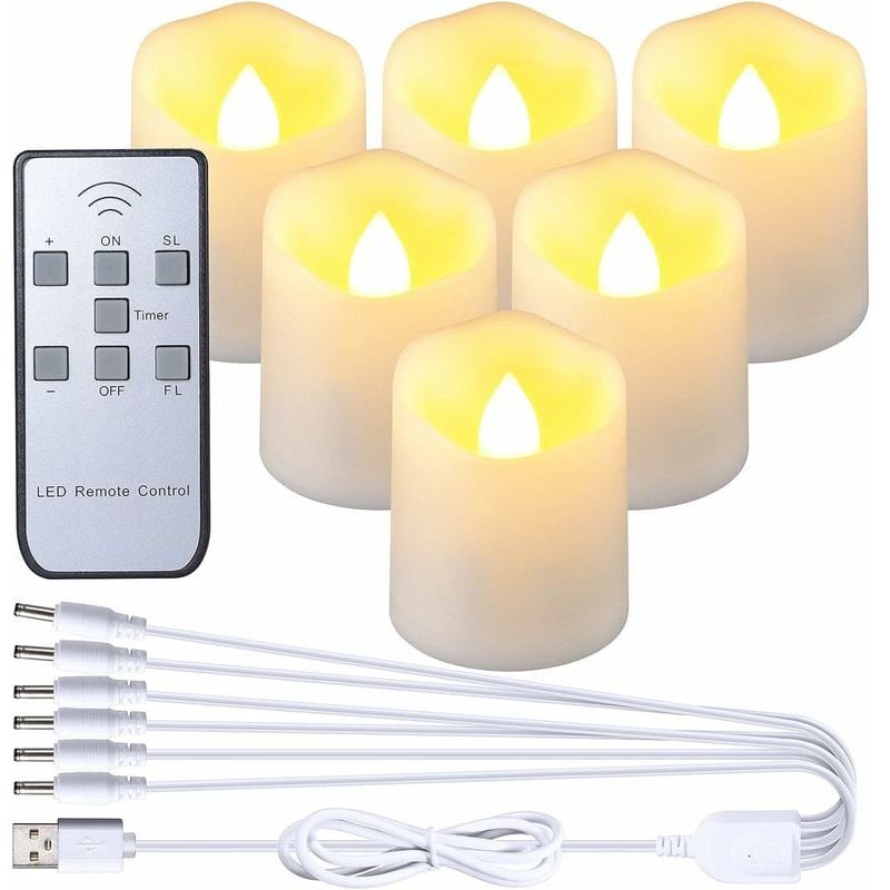 Shining House - Bougies led rechargeables, lot de 6 bougies sans flamme avec bougie chauffe-plat télécommandée, avec câble de chargement usb