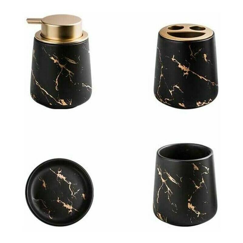 Ensemble de 4 accessoires de salle de bain en céramique marbrée - Distributeur de savon, porte-brosse à dents, gobelet, porte-savon - Noir