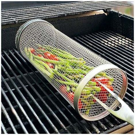 SHINING HOUSE 1 cesta para parrilla de barbacoa con rodillo, cesta cilíndrica de malla de alambre de acero inoxidable, cesta para parrilla portátil para exteriores, 200 x 90 mm
