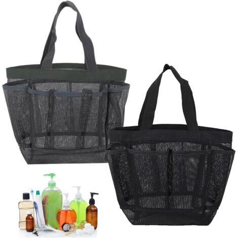 SHINING HOUSE 2 Stück tragbarer Dusch-Caddy, Netz-Duschtaschen, tragbarer Netz-Dusch-Caddy, Netz-Dusch-Caddy mit 8 Fächern für Reisen, Camping, Badezimmer, Grau und Schwarz