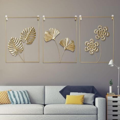 SHINING HOUSE 3pcs Gold Wall Decor Set, Modern Minimalist Abstract Line Art Ginkgo Leaf Metal Sculptures for Living Room Bedroom Office Wall, 30x40cm