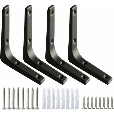 SHINING HOUSE 4 soportes para estantes de pared negros, soportes de fijación resistentes para estantes, soportes de fijación en forma de L de 100 x 100 mm, 7,5 mm de grosor, con tornillos para colgar 