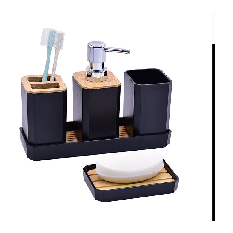 5 Pièces Ensemble d'Accessoires de Salle de Bain Accessoire pour Salle de Bain en Bambou avec Bouteilles de Lotion, Porte-Brosse à Dents, Gobelet à