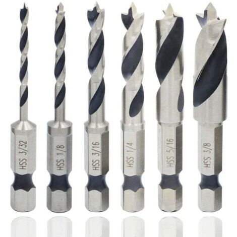 SHINING HOUSE 6 brocas helicoidales profesionales para madera con vástago hexagonal de 1/4", broca rotativa para madera con vástago hexagonal imperial, broca helicoidal con cortador de agujeros en esp