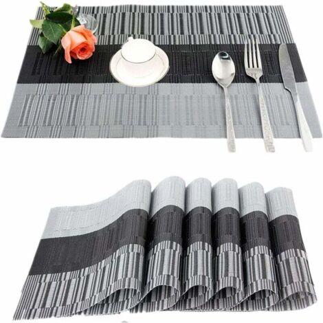 SHINING HOUSE 6 manteles individuales de PVC antideslizantes y lavables (45 x 30 cm), para cocina, salón, jardín o comedor (negro y gris)