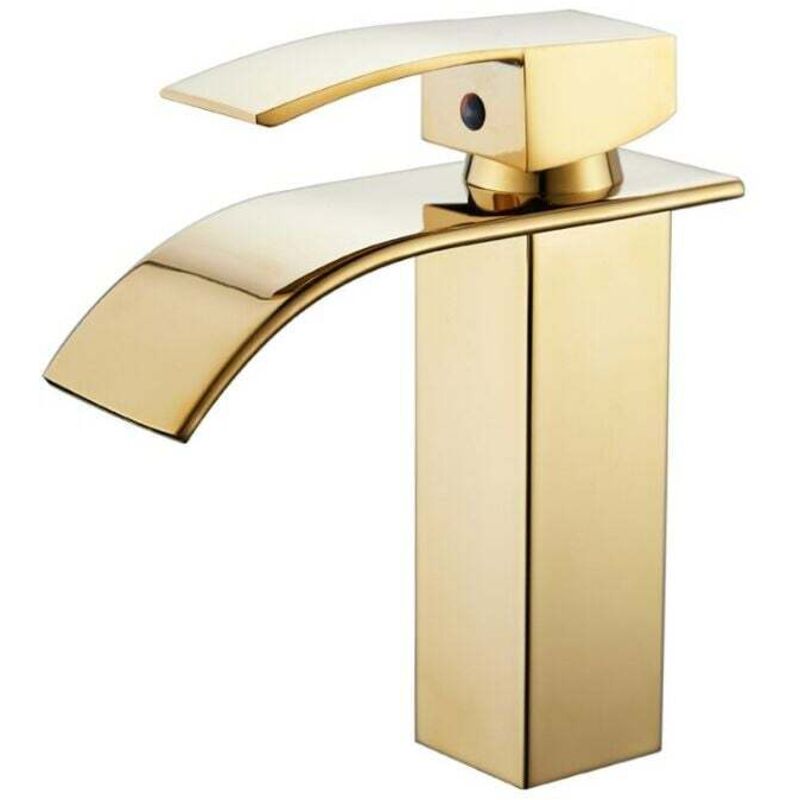 Mitigeur de lavabo Robinet de salle de bain Gold,Robinet de salle de bain moderne monotrou bec cascade Robinet de salle de bain à tirette