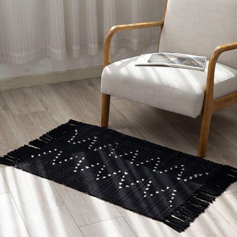 SHINING HOUSE Alfombra moderna tejida a mano de algodón con borlas lavable para dormitorio, sala de estar, cocina, color negro, 60 x 90 cm