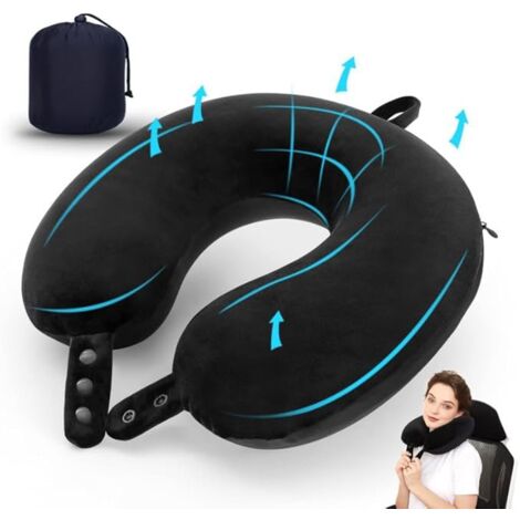 SHINING HOUSE Almohada de viaje con espuma viscoelástica para el cuello, cojín para descansar y dormir, almohada cervical en forma de U, ideal para avión, silla, coche, casa, oficina (negro)