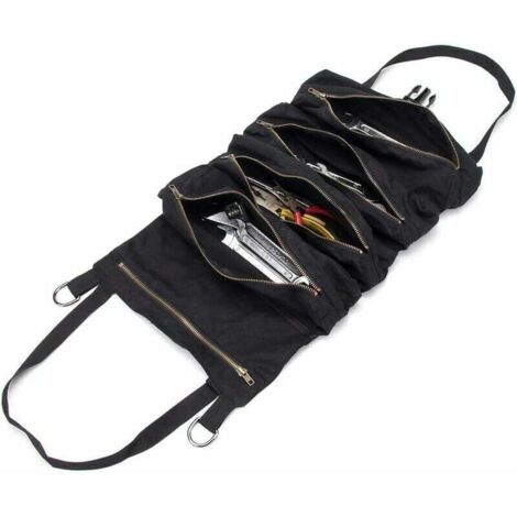 SHINING HOUSE Bolsa de herramientas de lona resistente con 5 bolsillos con cremallera para electricistas, profesionales de HVAC, fontaneros, carpinteros o mecánicos, color negro