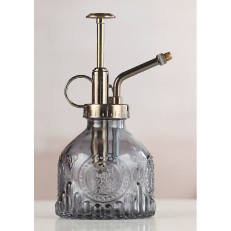SHINING HOUSE Botella rociadora de vidrio para regar plantas, 200 ml, estilo retro, con bomba superior, rociador de riego con una mano para plantas de jardinería, patio, limpieza, alcohol gris