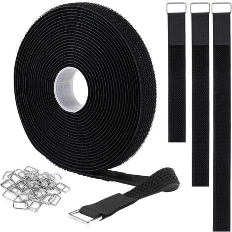 SHINING HOUSE Bridas de velcro ajustables para cables eléctricos, de 5 m, con 25 hebillas de metal, de nailon reutilizables, de 2 cm de ancho, color negro