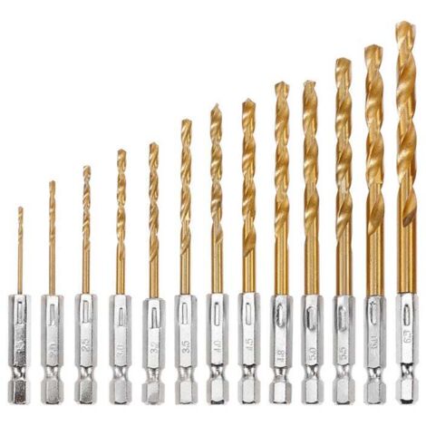 SHINING HOUSE Brocas helicoidales HSS, 13 piezas, brocas hexagonales de acero de alta velocidad con revestimiento de titanio, 1,5 mm - 6,5 mm para taladrar madera, metal y plástico