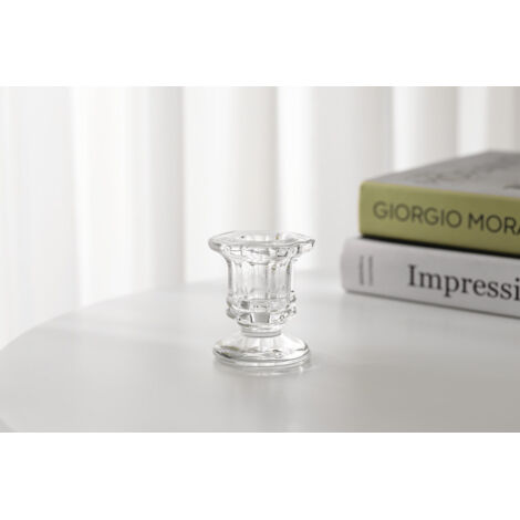 SHINING HOUSE Candelabro de vidrio transparente - Juego de 2 candelabros pequeños para decoración del hogar, bodas, Navidad, candelabros para velas cónicas, centro de mesa, sala de estar y dormitorio