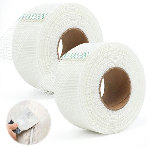 SHINING HOUSE Cinta de unión de fibra de vidrio de 5 cm x 50 m, 2 piezas de cinta de malla de fibra de vidrio, cinta de fibra de vidrio autoadhesiva, cinta de malla adhesiva para paneles de yeso, grie