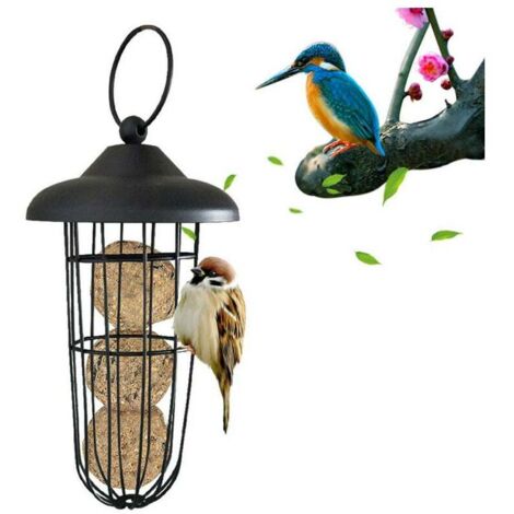 SHINING HOUSE Comedero para pájaros, comedero de metal a prueba de ardillas, de hierro, para colgar, con soporte automático para bolas de grasa, herramienta de alimentación de 20 x 10,5 cm
