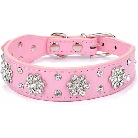 SHINING HOUSE Cute Bling Bling Rhinestone Dog Collar - Diamond Flower Pattern (Pink M) - Suitable for Small Medium Dogs