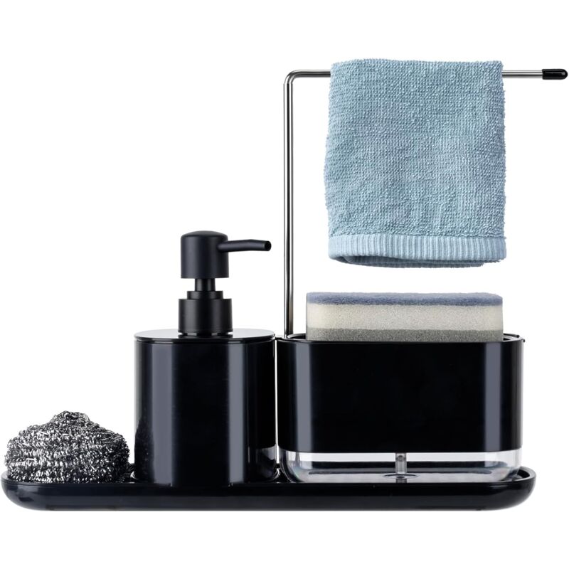 Distributeur Liquide Vaisselle 5 en 1, Distributeur Savon Liquide Distributeur de Savon et Porte-Éponge avec Éponge, Porte-Serviettes et Boule de