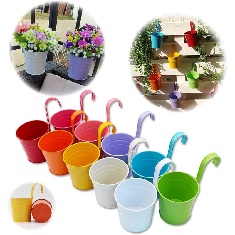 Ensemble de 10 Pots de Fleurs en Métal Vase Suspendu Panier à Planter sans Trou de Drainage, Crochet Détachable, Clôture de Jardin Balcon Décoration
