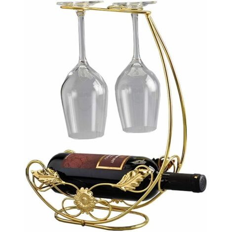 SHINING HOUSE Estante de almacenamiento de copas de vino de mesa de metal independiente con gancho para 2 copas de vino, soporte de exhibición de bronce 1