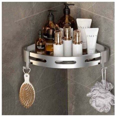 SHINING HOUSE Estante de ducha de esquina de metal sin perforaciones con 2 ganchos de ducha, soporte autoadhesivo a prueba de óxido para artículos de baño (1 pieza de triángulos plateados), 28,5 x 21,