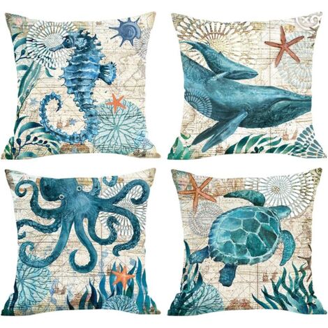 SHINING HOUSE Funda de almohada decorativa con estampado de algodón y lino, diseño de pulpo, ballena, tortuga y caballito de mar, para el hogar, cama, coche, dormitorio, sala de estar, sofá, decoració