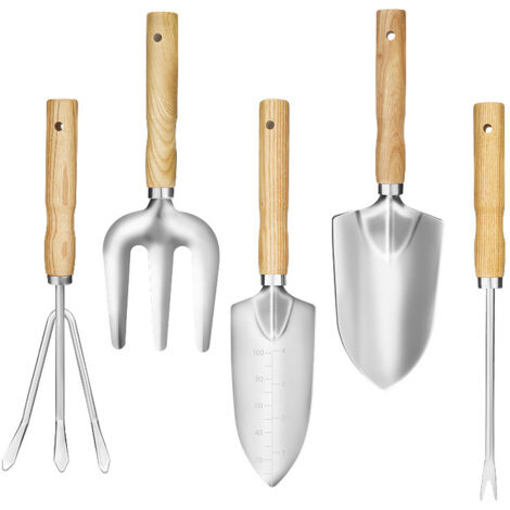 SHINING HOUSE Gartengeräte, Gartenwerkzeug-Set, 5-teiliges Gartenwerkzeug-Set, Gartengeräte, Holzgriff für Gartenpflanzen, drinnen und draußen, mit Schaufelgabel-Set