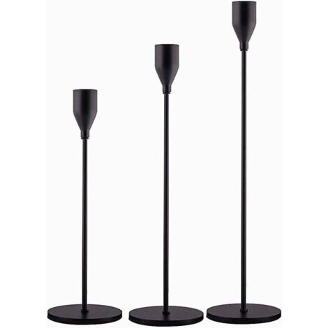 SHINING HOUSE Juego de 3 candelabros negros mate para velas cónicas, candelabros decorativos para bodas, comedores, fiestas, se adapta a velas de 3/4" de grosor y velas LED (candelabro de metal).