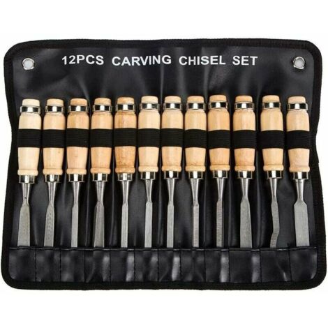 SHINING HOUSE Juego de cinceles de madera profesionales: juego de 12 herramientas afiladas para trabajar la madera con estuche de transporte: kit de tallado con cuchillo de carpintería ideal para prin