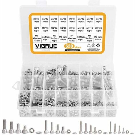 SHINING HOUSE Kit surtido de 520 tornillos con cabeza hexagonal de acero inoxidable M3 M4 M5 M6 con tuercas