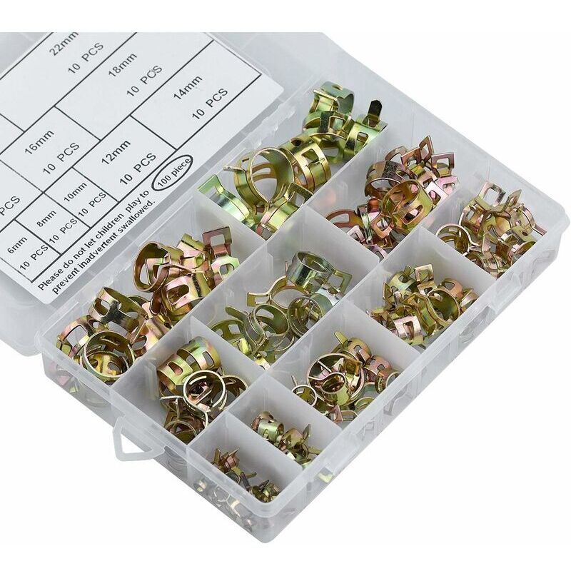 Lot de 100 Clip à ressort tuyau, 6-22mm Serre-joints à Tuyaux Durite Essence Colliers de Clip à Ressort Tuyau Serrage Ajustable Pour Fixer Tuyaux