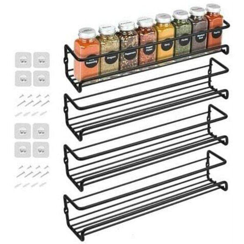 Shining House - Lot de 4 étagères à épices en métal à fixation murale avec adhésif ou à visser, noir