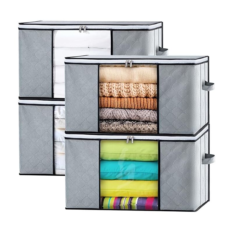 Shining House - Lot de 4 organiseurs de vêtements, grande boîte de rangement sous le lit en intissé avec poignée pour ranger couettes, vêtements,