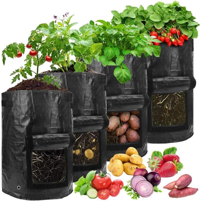 Lot de 4 sacs de plantation pour pommes de terre - 10 gallons - Avec poignées - Fenêtre transparente - Pour pommes de terre - Shining House