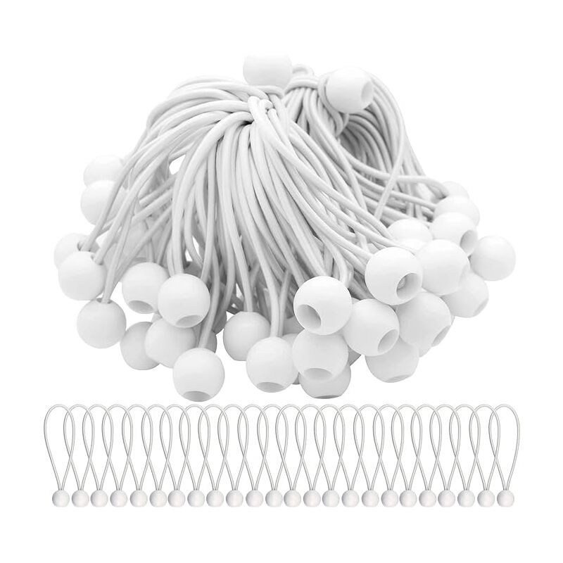 SHINING HOUSE Lot de 50 tendeurs élastiques blancs avec boules tendeurs élastiques pour tentes, tentes, banderoles et bâches