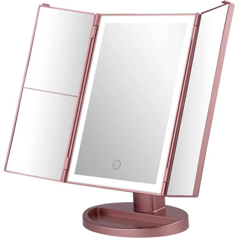 Miroir Maquillage Lumineux, 2X/3X Miroir Grossissant Lumineux, Miroir Pliable, Rotation à 180°, Or Rose - Shining House