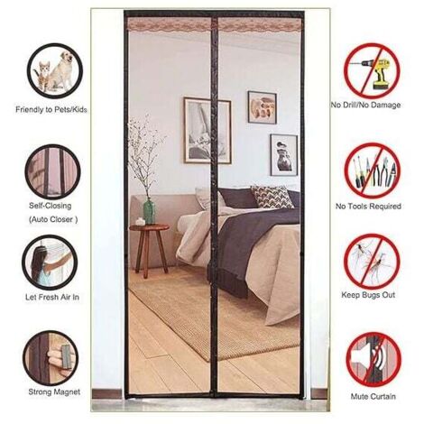 SHINING HOUSE Mosquitera magnética para puerta, mosquitera magnética de malla fina, cortina antimoscas y antiinsectos, con cierre de almacenamiento, cierre automático (café 90 x 210 cm)