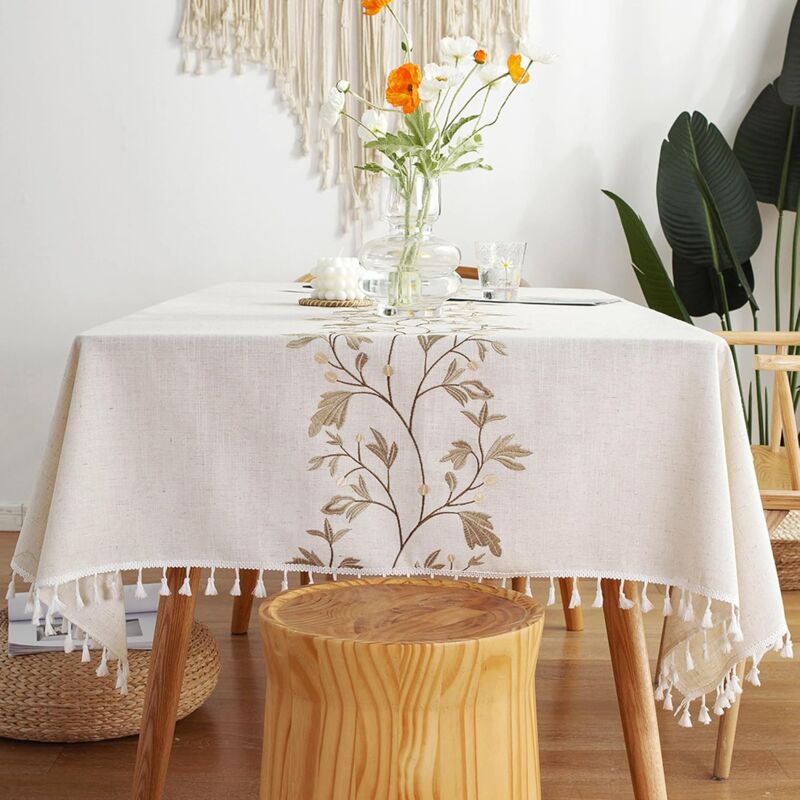 Shining House - Nappe Carree Anti Tache Nappe Coton et Lin Lavable Nappe Tissu Tassel Style pour la Décoration des Tables dans Les Restaurants, Les